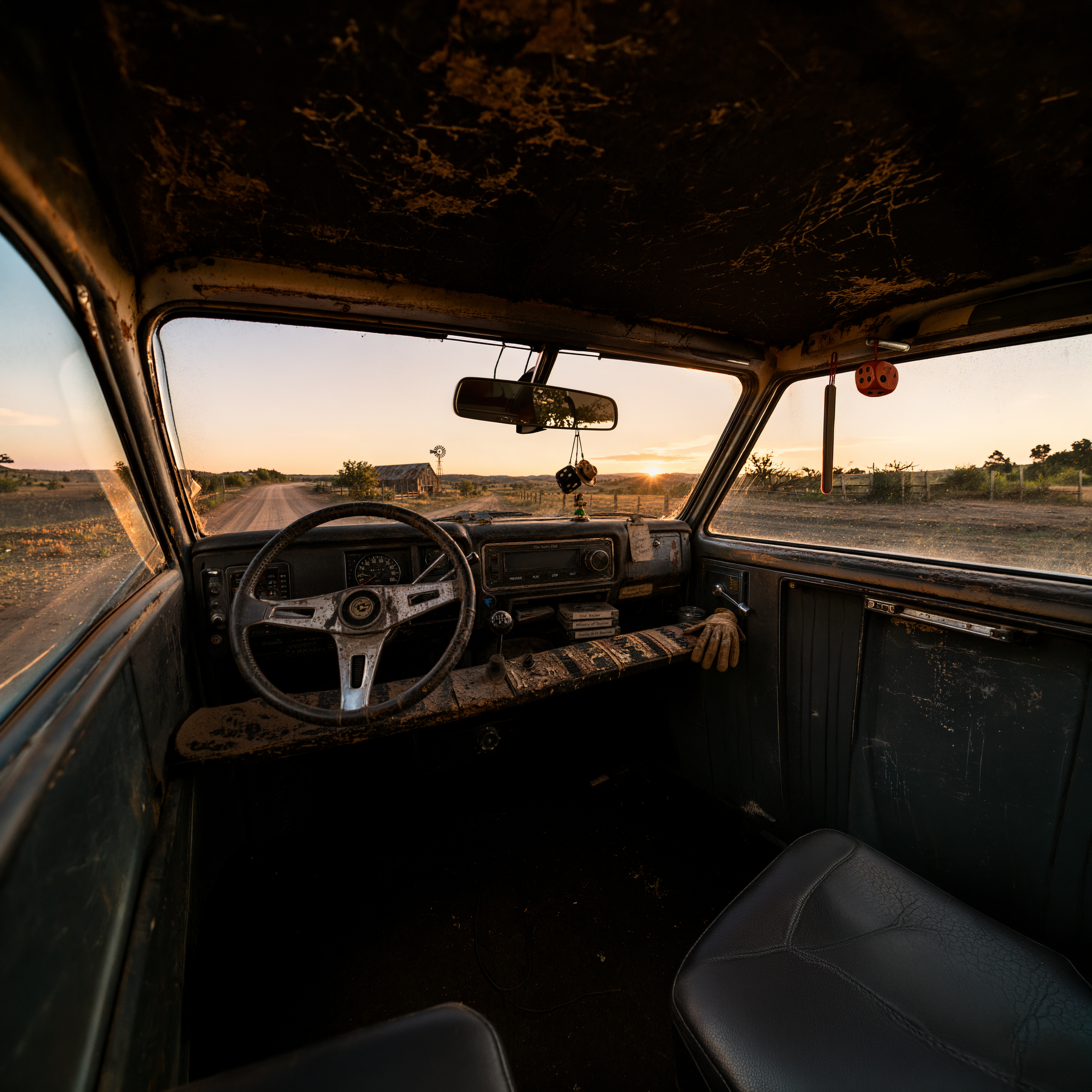 Inside a rusty old truck at golden hour, looking out over a dirt road at sunset
